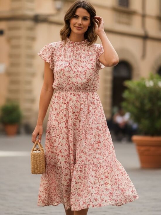 kirundo Dresses & Skirts - Kirundo Light Pink Blue Floral Tiered Ruffle Sleeve Midi Dress Cottagecore
